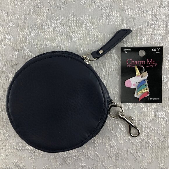Tyler Rodan Round Navy Blue Faux Leather Zippered Coin Pouch with Unicorn Charm - Picture 12 of 15